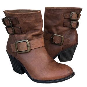 Lucky Brand Tommie Cognac Brown Leather Chunky Buckle Cow Girl Ankle Booties 8M
